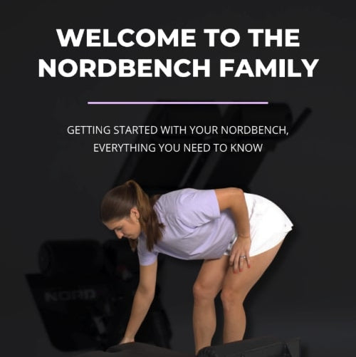Person setting up a Nordbench with text about the Nordbench family and website information on a black background.