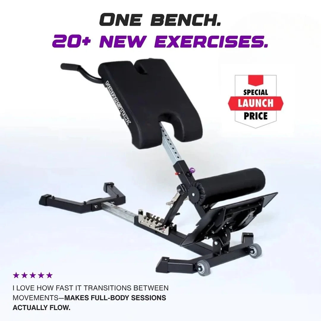 NordBench Pro adjustable nordic bench shown fully assembled with curved backrest, ankle rollers and adjustable footplate