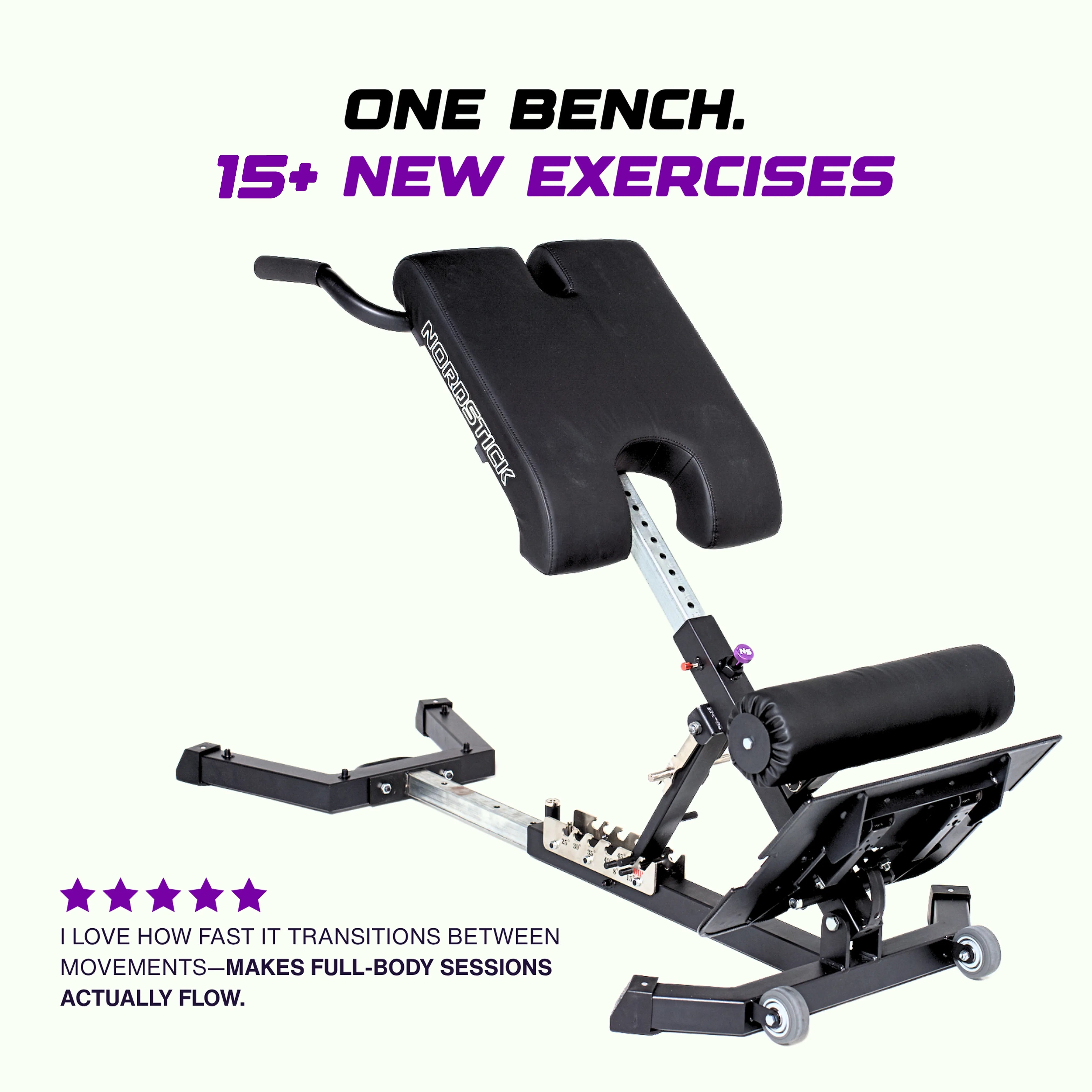 NordBench Pro adjustable nordic bench shown fully assembled with curved backrest, ankle rollers and adjustable footplate