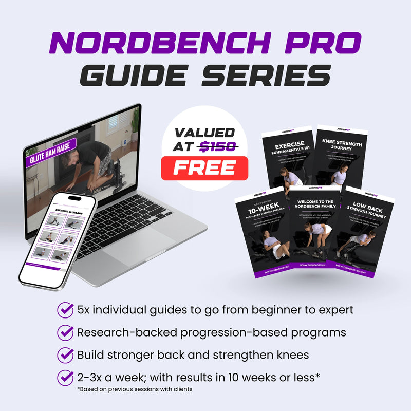 Promotional graphic for Nordbench Pro Guide Series with laptop, phone, and guides on a light purple background.