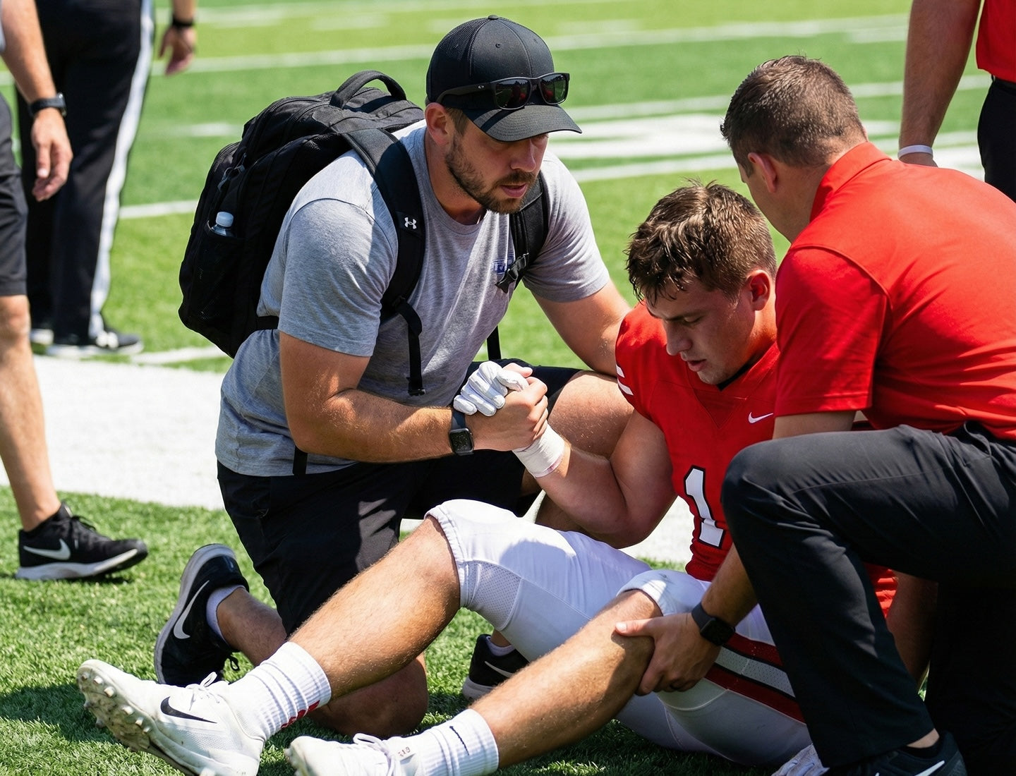 Medical staff attending to an injured athlete on the sideline